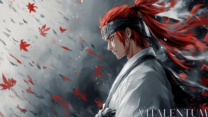 Red-haired warrior stands solemnly amid drifting scarlet leaves.