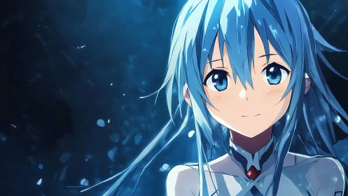 Blue haired anime girl portrait with soft light glow.