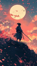 Samurai silhouette studies chromatic contrast under oversized moon