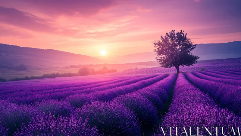 Soft sunset light gently embraces a peaceful lavender field