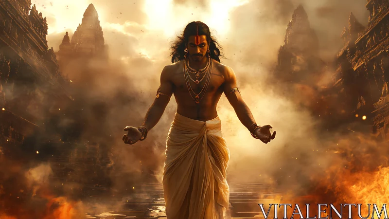 Mythic warrior in saffron drapery amid burning temple ruins