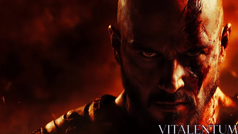 Warrior close-up with intense stare and bloodied face.