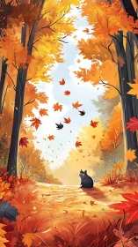 Autumn's Silent Witness: Black Cat Gazes Through Falling Leaves