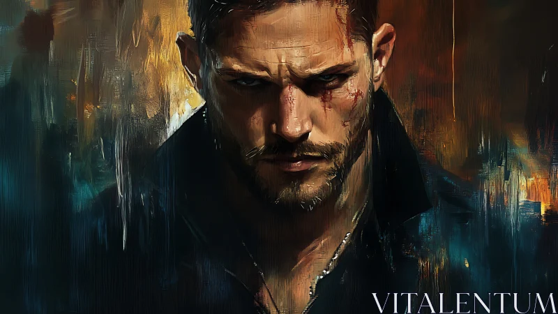 Scars of dusk: brooding antihero in molten city light.