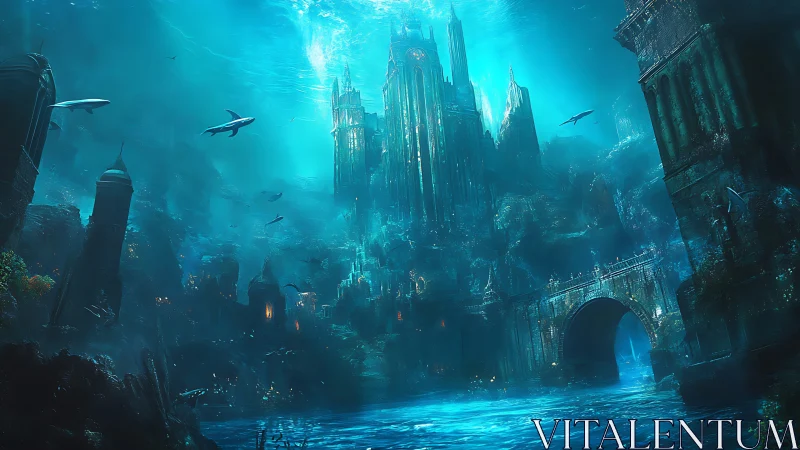 Sunlit underwater kingdom rises in a dreamy blue seascape