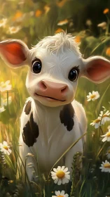 Sweet calf portrait in sunlit meadow with daisies.