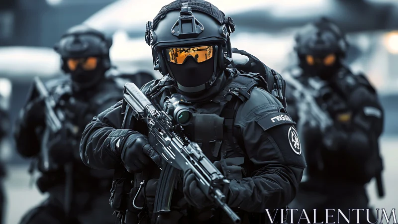 Heavily armed tactical team in full black combat gear.