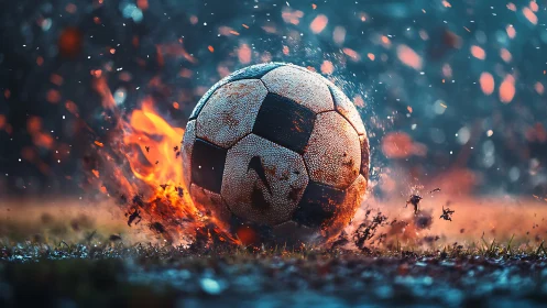 Fiery soccer ball explodes through wet turf in vivid motion