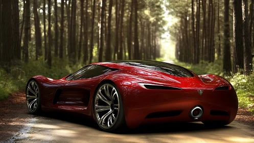 Crimson forest hypercar lounging on a sun-dappled dirt road.