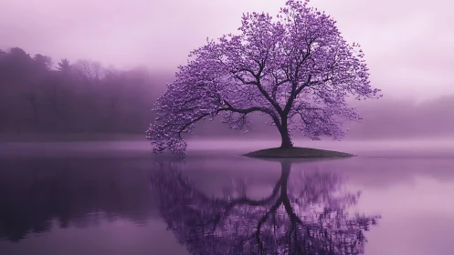 Solitary purple blossom tree mirrors over misty lake