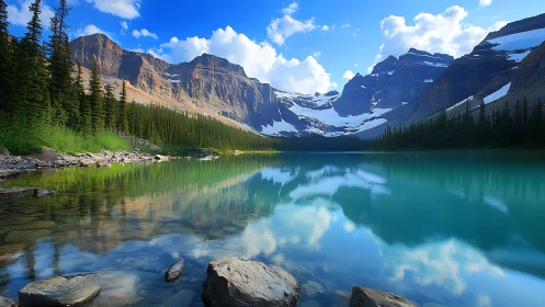 Turquoise alpine lake reflects snowcapped mountain amphitheater