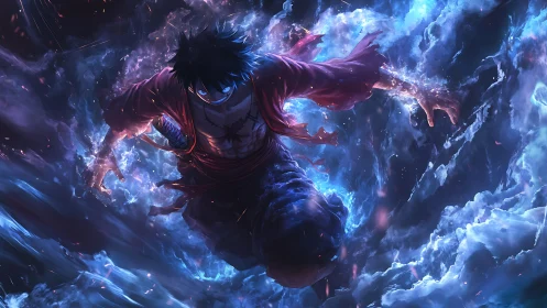 Storm-slashed warrior dives through electric ocean sky.