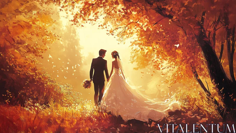 Autumn forest wedding couple bathed in golden sunset glow.