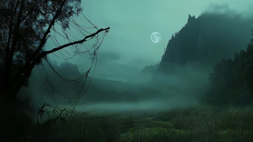 Moonlit mist over wetland with silhouetted cliff and trees.
