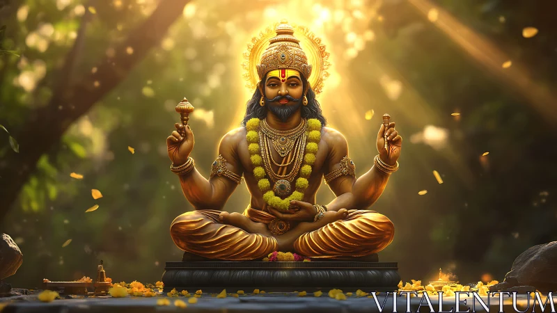 Golden forest deity holds morning light in tranquil balance