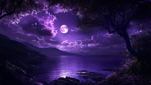 Lunar-illuminated coastal lake under violet noctilucent sky