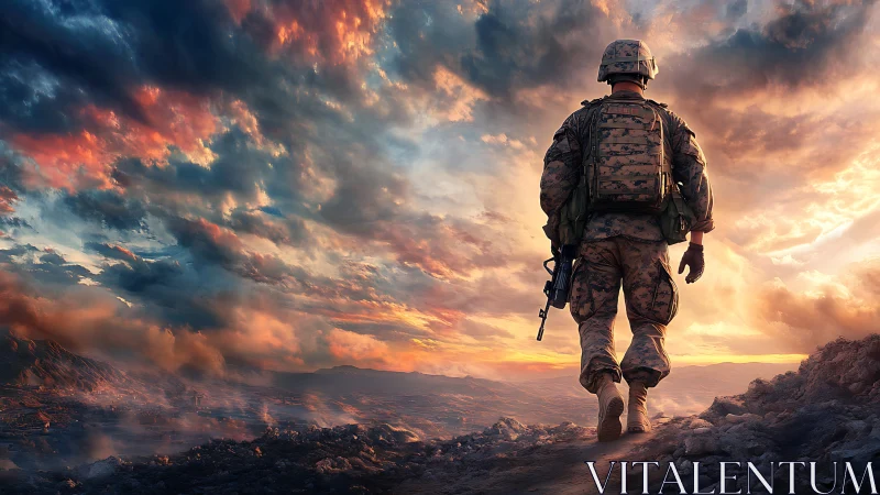 Sunset-soaked soldier strides toward the storm-bright horizon