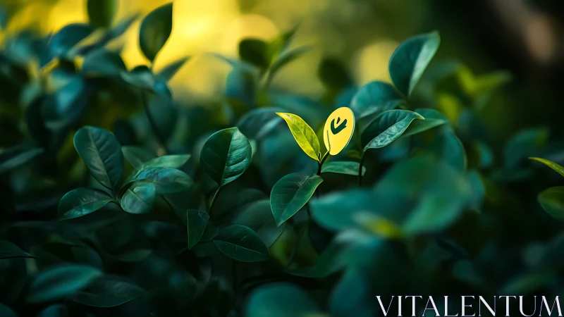 Bright yellow sprout smiling gently among deep green leaves.