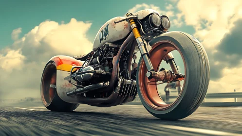 Custom futuristic cafe racer motorcycle on open highway.