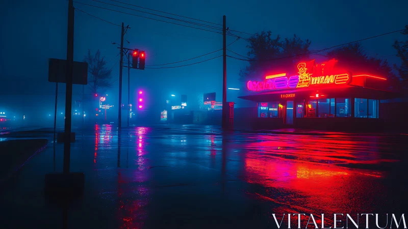 Neon diner and wet street in foggy night intersection.