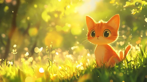 Sunlit kitten gazes softly in a glowing forest meadow.