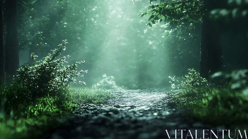 Forest pathway with morning light and vegetation.