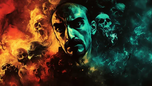 Haunted fire and frost portrait of a brooding soul keeper.