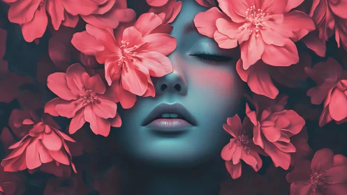 Female face in teal tones framed by dense pink flowers