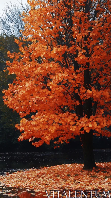 Blazing maple sentinel scattering gold over quiet water.
