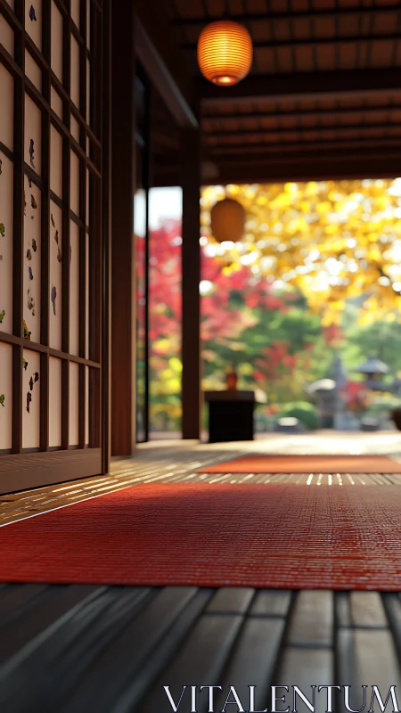 Japanese engawa corridor shows shoji panels and autumn garden