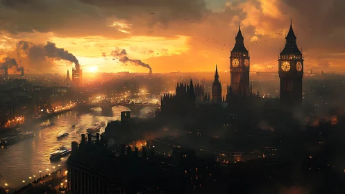 Industrial London’s twin clocktowers glow in a burning sunset
