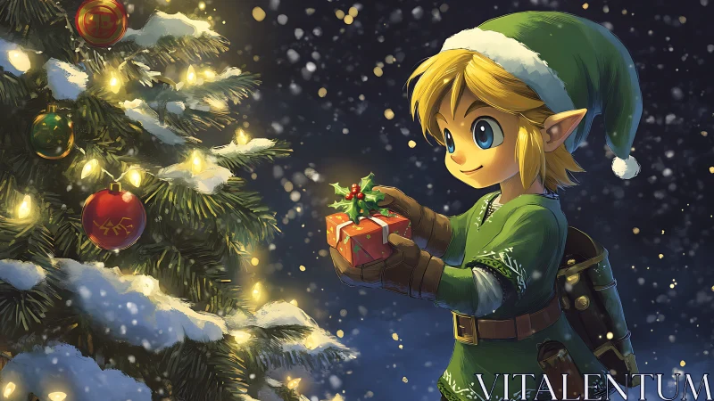 Digital painting of festive elf hero beside illuminated tree.