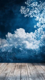 Dreamy blue sky mural gently meets rustic wooden floor