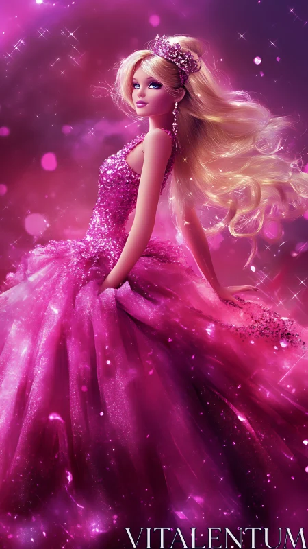 Fashion doll in sequined pink gown on glowing backdrop.