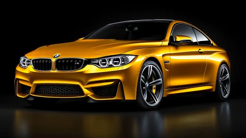 Golden sports coupe gleams under dramatic studio lighting.