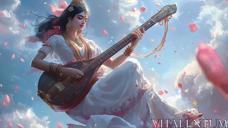 Celestial goddess playing ornate veena amid drifting petals.