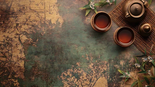 Rustic tea ceremony set on textured vintage tabletop.