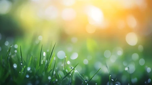 Dawnlit dew blades basking beneath a soft bokeh sunrise.