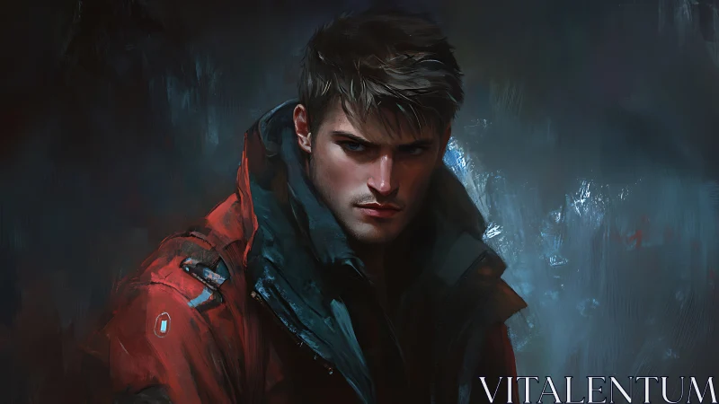 Male subject in red jacket against dark textured backdrop.