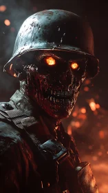 Burning-eyed undead soldier in scorched cinematic armor.