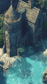 Turret Tower Architecture Over Turquoise Cascading Water Flow