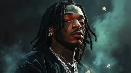 Smoke-crowned portrait of tattooed rapper in teal haze.