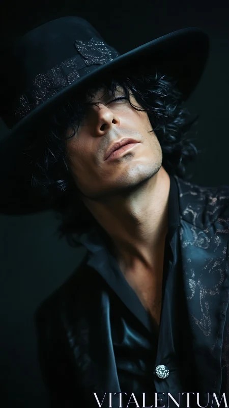 Moody portrait of stylish man in wide black hat and silk coat.
