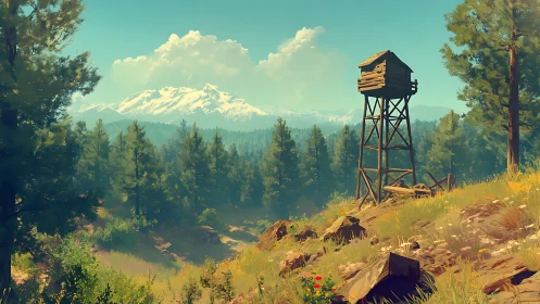 Sunlit forest watchtower welcomes quiet mountain views