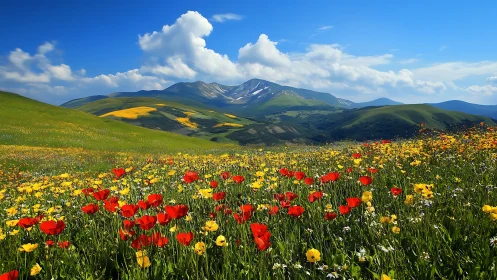 Mountain landscape shows wildflower meadow beneath clear sky