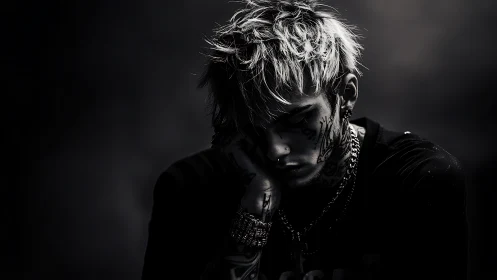 Moody portrait of tattooed man in dramatic low key lighting.