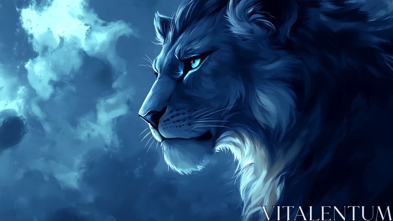 Moonlit cobalt lion profile with glowing icy eyes.
