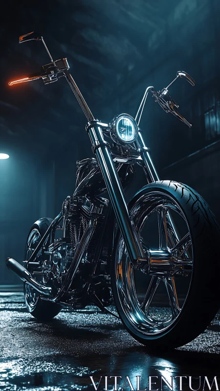 Chrome street chopper under cinematic neon garage light.