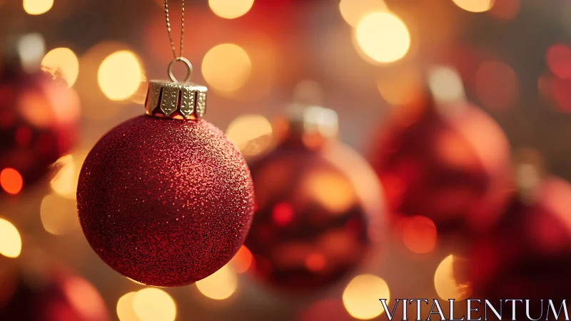 Red glitter ornament with defocused warm light background.