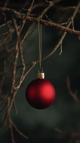 Crimson ornament glowing softly on winter bare branches.